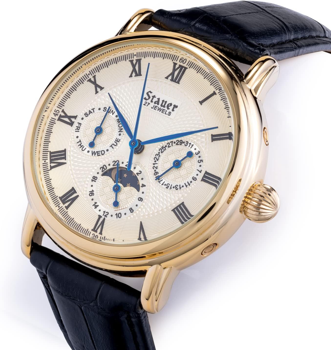Stauer Magnificat II Automatic Watch for Men - 3 Interior Day, Date & 24-Hour Clock Dials - Stainless Case & Black Leather Band - Water Resistant