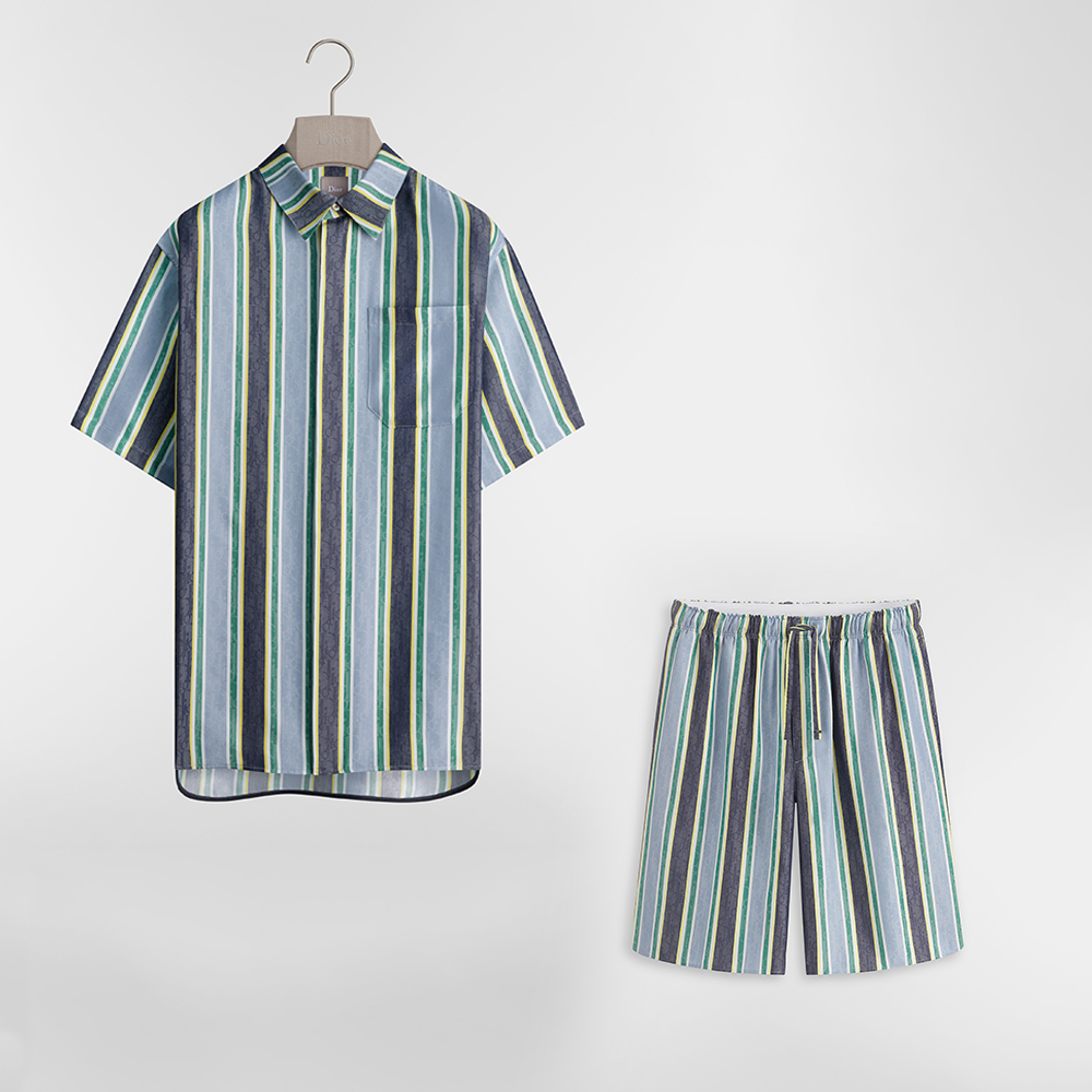 DIOR Dioriviera Dior Oblique Sun Stripes Short Sleeved Shirt and Shorts Blue and Green Cotton-Silk Jacquard  #387355