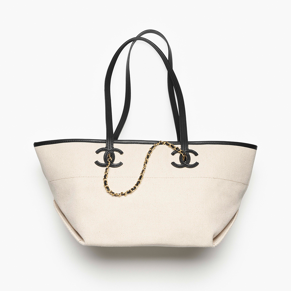Chanel black Bag CHANEL Small Shopping Bag Canvas Calfskin Gold-tone Metal Ecru Black #387864 | Nigo Office