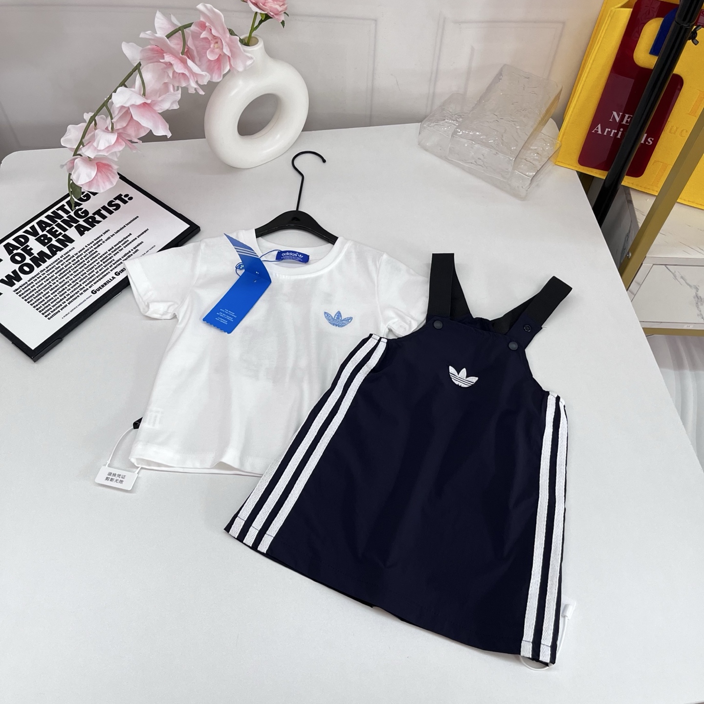 Adidas Girls 2Pcs Outfit Set Embroidered Trefoil Tee & 3 Stripe Overalls Dress Sizes For Little Girls Kids, size 80-90-100-110cm