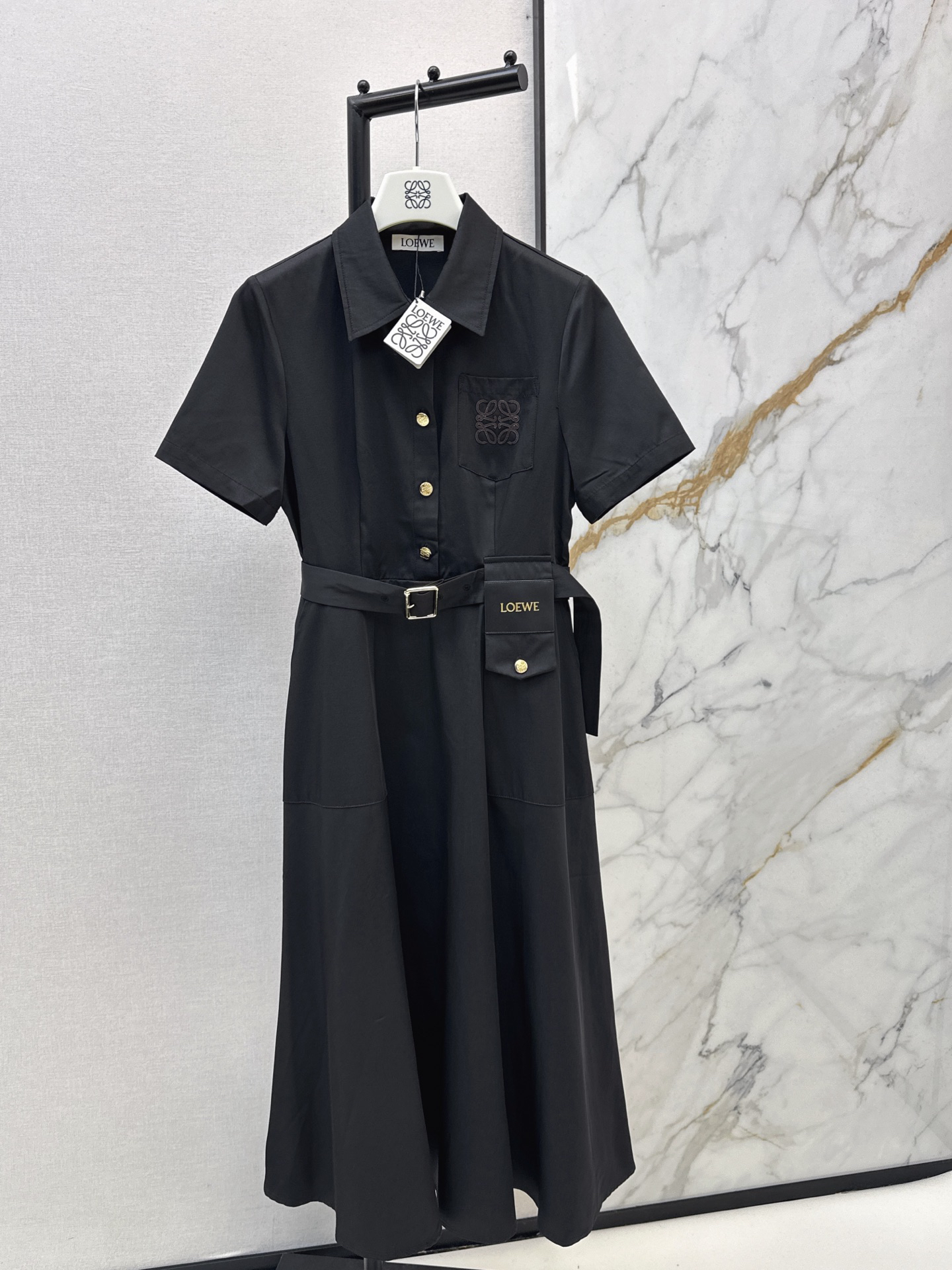 [TOP] LOEWE Short-Sleeve Logo Embroidered Long Dress - Black