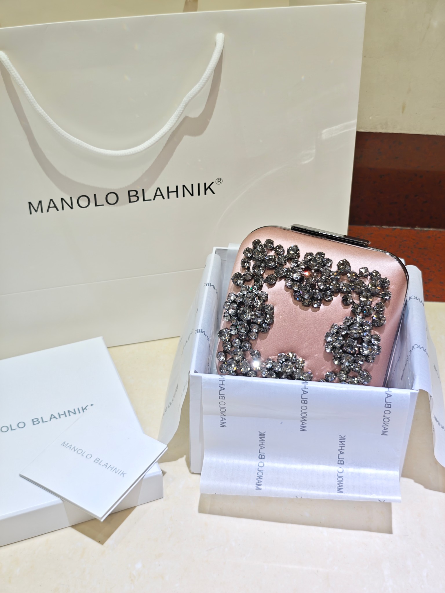[TOP] MANOLO BLAHNIK Lace-patterned Square Bag 15.8*17*7.3cm - Pink - 711 Luxury