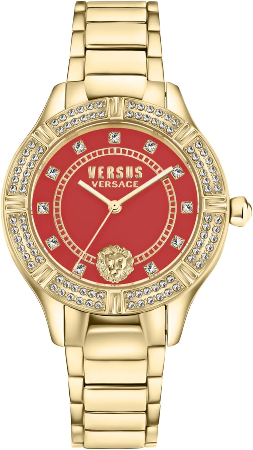 Versus Versace Canton Road Crystal Collection Luxury Womens Watch Timepieces with a Gold Bracelet and Case Featuring a Red Dial