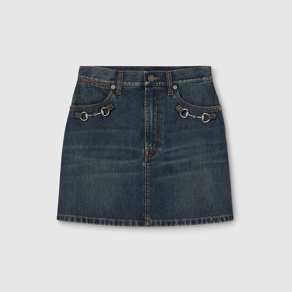 GUCCI Cotton Denim Skirt With Horsebit in Blue #383818