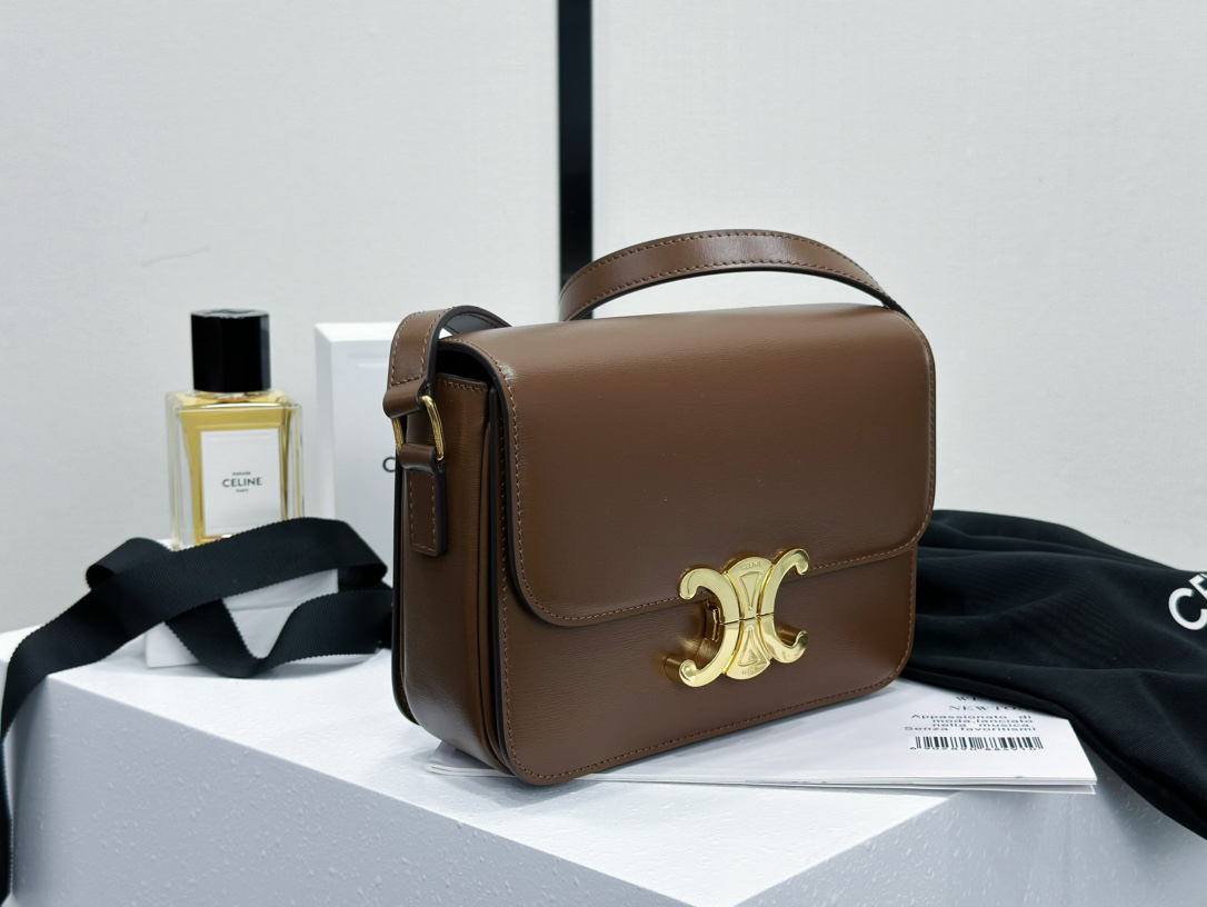 [TOP] CELINE Triomphe Bag Box Leather 18.5x14x6cm - Chocolate - 711 Luxury