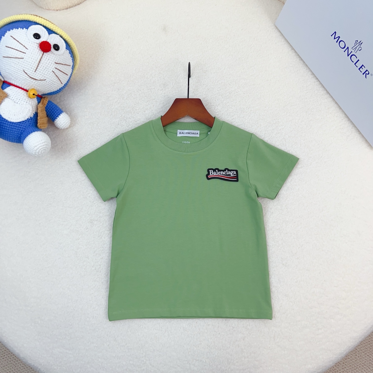 alenciaga Unisex Kids Woven Patch Logo Crew Neck Short Sleeve T-Shirt Cotton Modal Boys Girls Summer Basic Tee Sizes 90-170