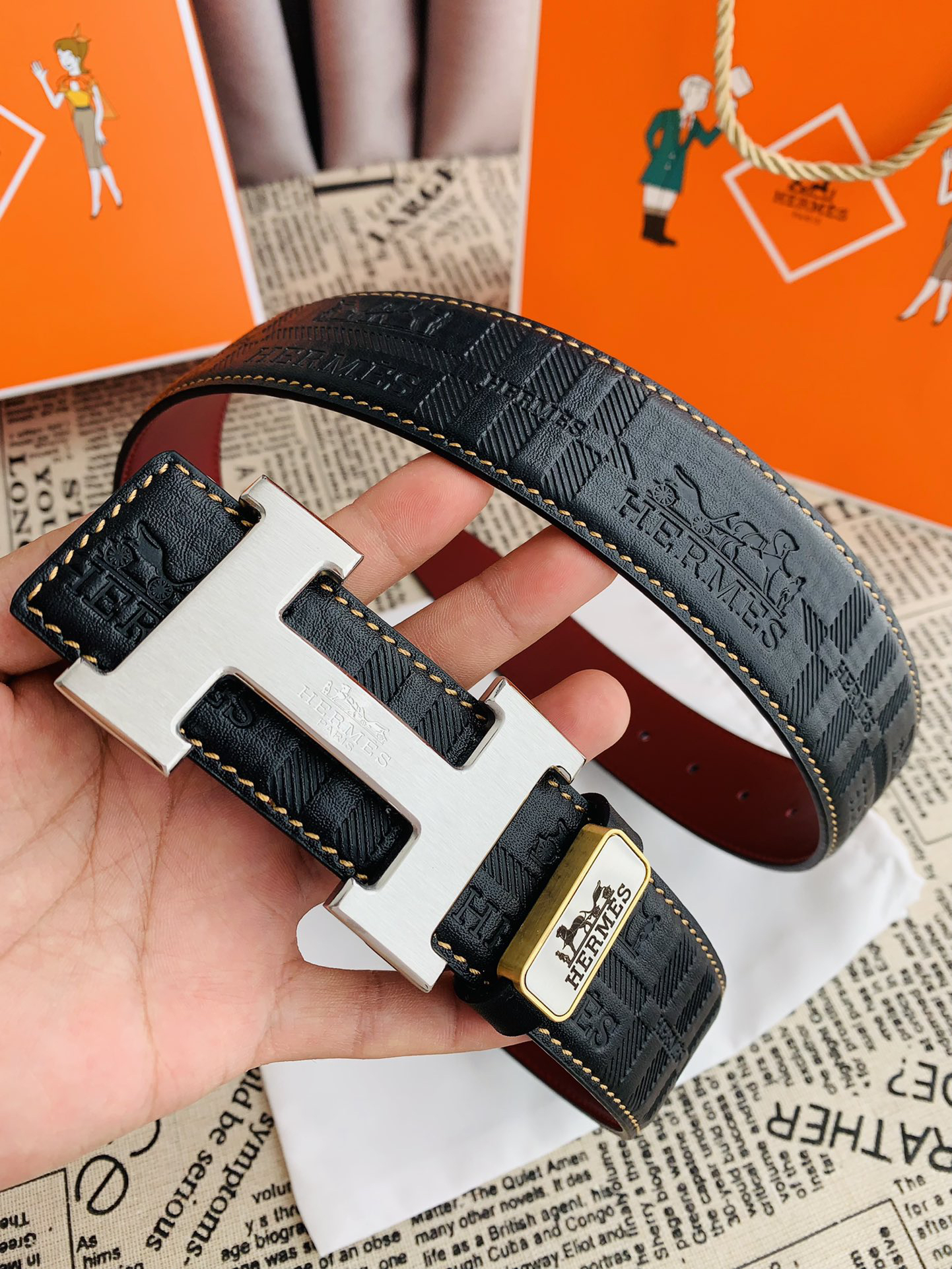 [TOP] HERMES Men's Buckle Logo Belt 3.8cm - Black - 711 Luxury