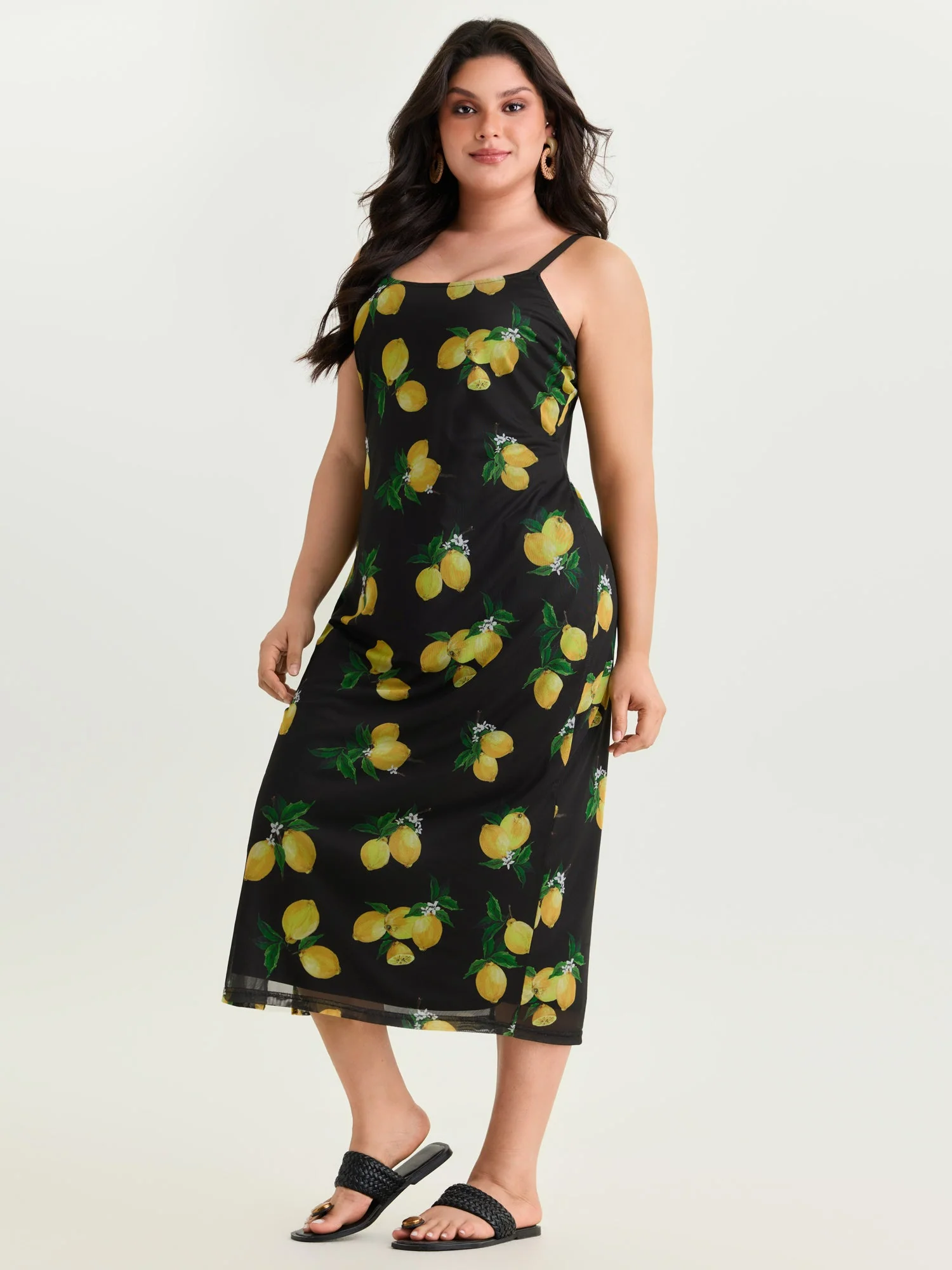 Lemon Print Stretchy Mesh Knit Midi Dress