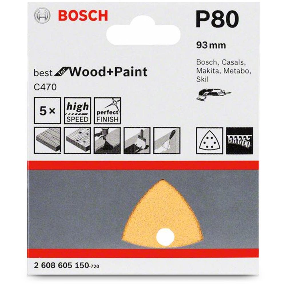 BOSCH 93mm 80-Grit 6-Hole Hook & Loop Delta Sanding Sheet for Wood & Paint - C470 - 5 Piece