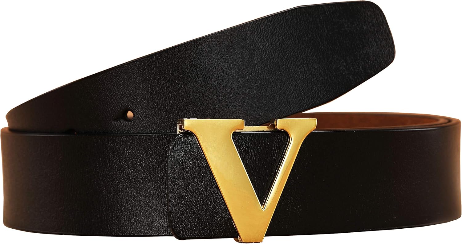 Yuangu Men's Classic Gold/Silver V-Buckle Design Soft Calfskin Belt
