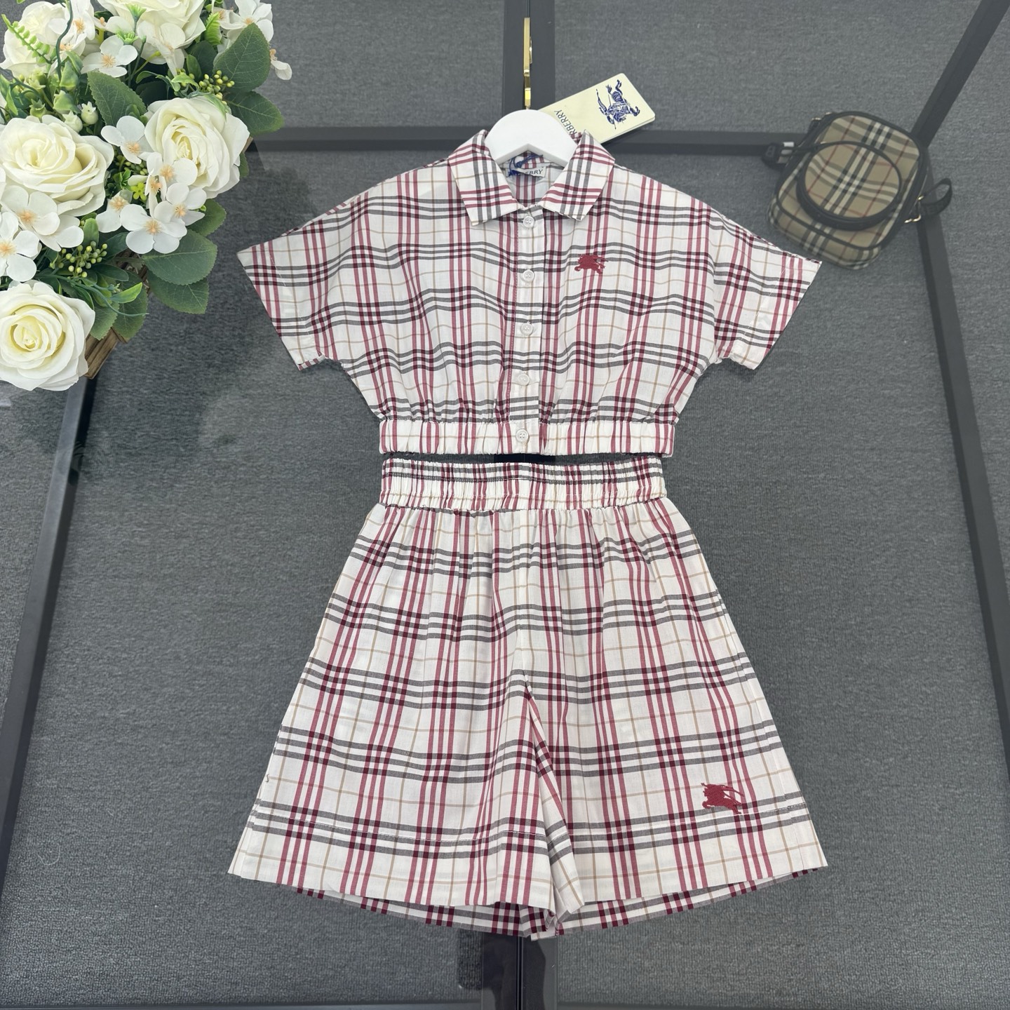Burberry Girls Vintage Pink Plaid Cropped Short Sleeve Shirt & Elastic Waist Wide Leg Shorts Two Piece Matching Set Kids Sizes 110-170