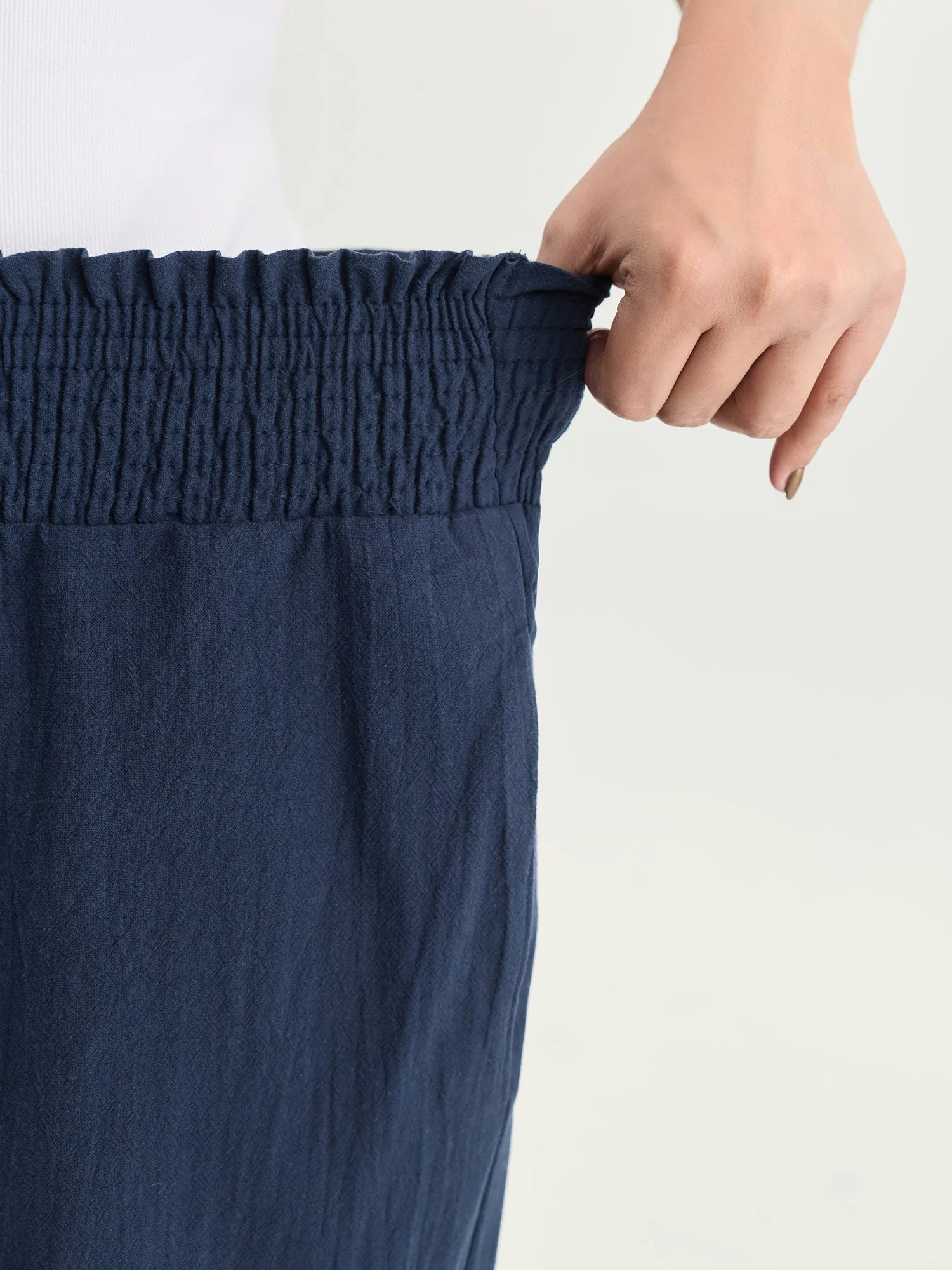 Cotton Wide Shirred Waistband Lace Hem Pants