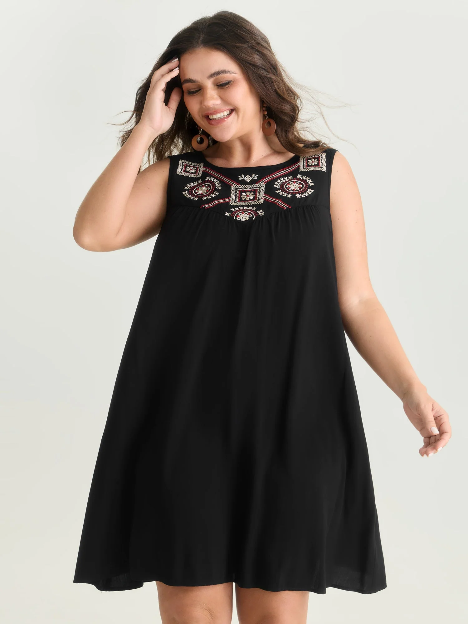 Boho Embroidered Neckline Sleeveless Mini Dress