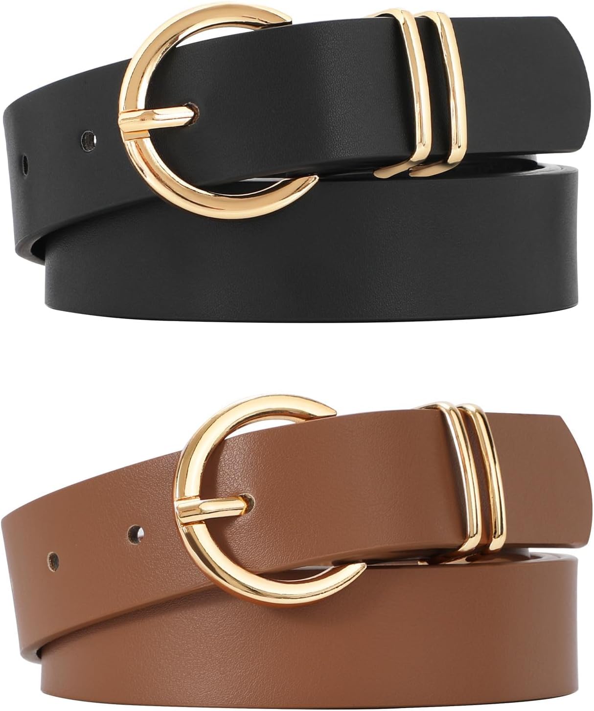 VONMELLI 2 Pack Women's Leather Belts for Jeans Dresses Fashion Gold Buckle Ladies Belt