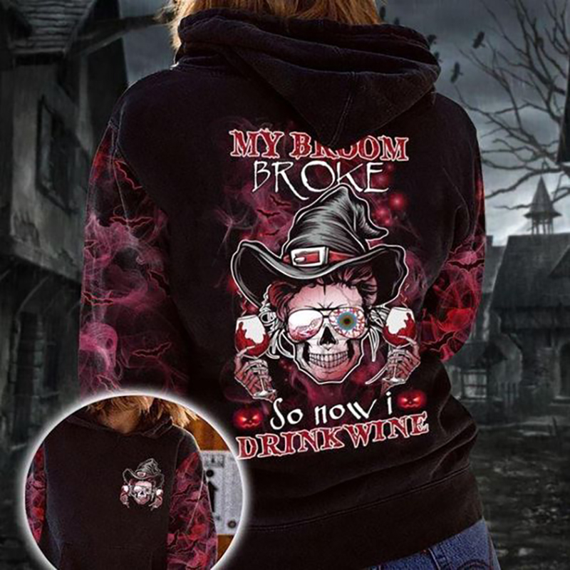 Skeleton Zombies Halloween my broom broke so now I drink wine Print Women's Hoodie