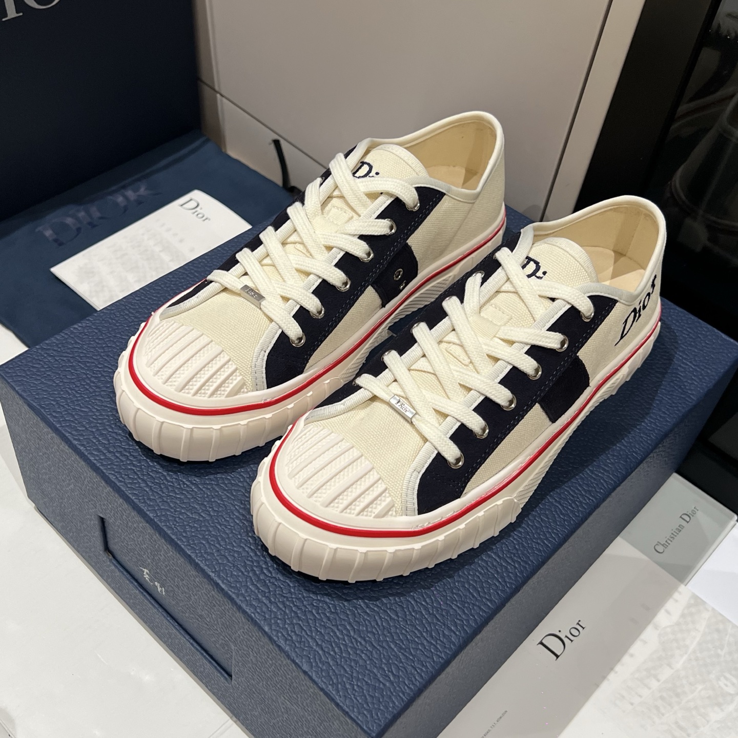 Dior black Shoes DIOR Dior Hooper Low-Top Sneaker Beige and Blue Dior Oblique Jacquard and Black Suede Calfskin #393809 View