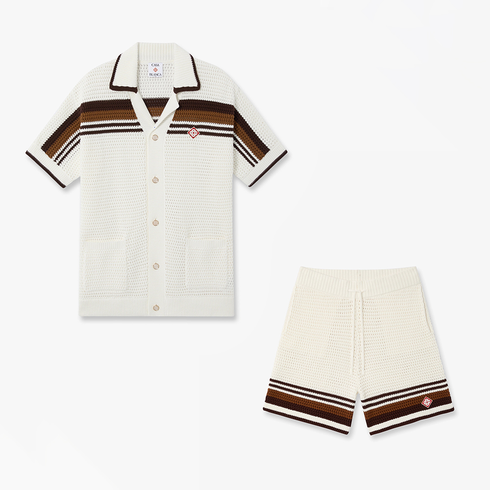 Designer white Clothing Casablanca White Brown Tennis Stripe Crochet Short Sleeve Shirt and Shorts #385763 | Nigo Office