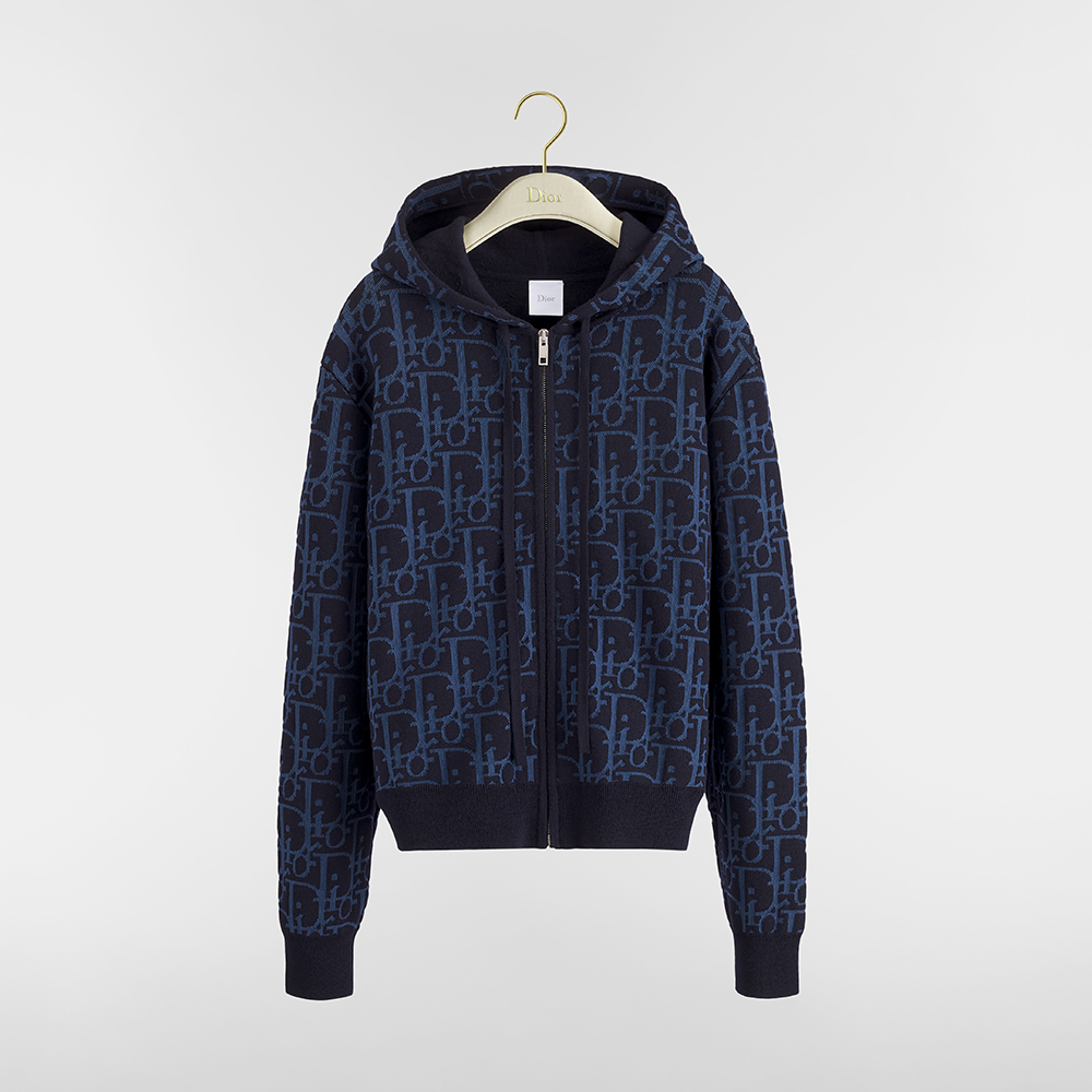Dior blue Clothing DIOR Hooded Zipped Cardigan Navy Blue Dior Oblique Wool-Blend Jacquard #388636 | Nigo Office