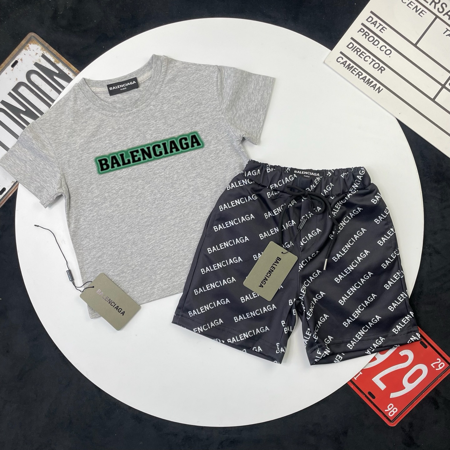 Balenciaga Unisex Kids Heather Gray Green Outline Logo Short Sleeve T-Shirt & Black All Over Letter Print Casual Shorts 2 Piece Outfit Boys Girls Sizes 90-150