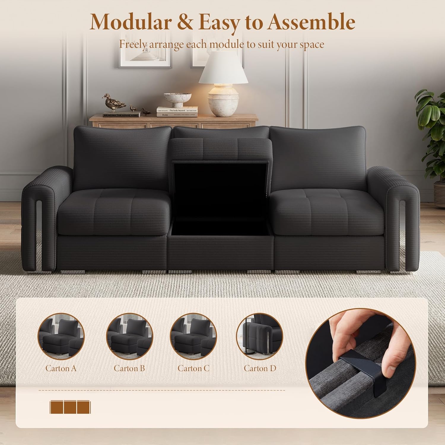 Vesgantti 3 Seater Sofas with Storage, Modular Sectional Dark Grey Sofa for Living Room in soft Corduroy, Small Couch for Bedroom, Home Office, Studio, 3 Seater