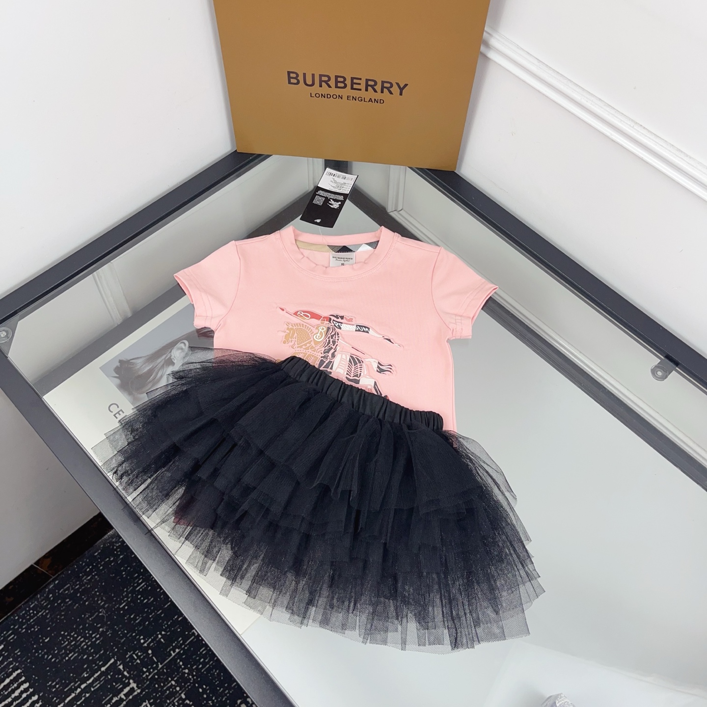 Burberry Girls Pink Embossed Equestrian Knight Short Sleeve T Shirt & Multi-Layer Black Tulle Tutu Skirt Two Piece Princess Outfit Sizes 90-130, Little Girls Matching Set