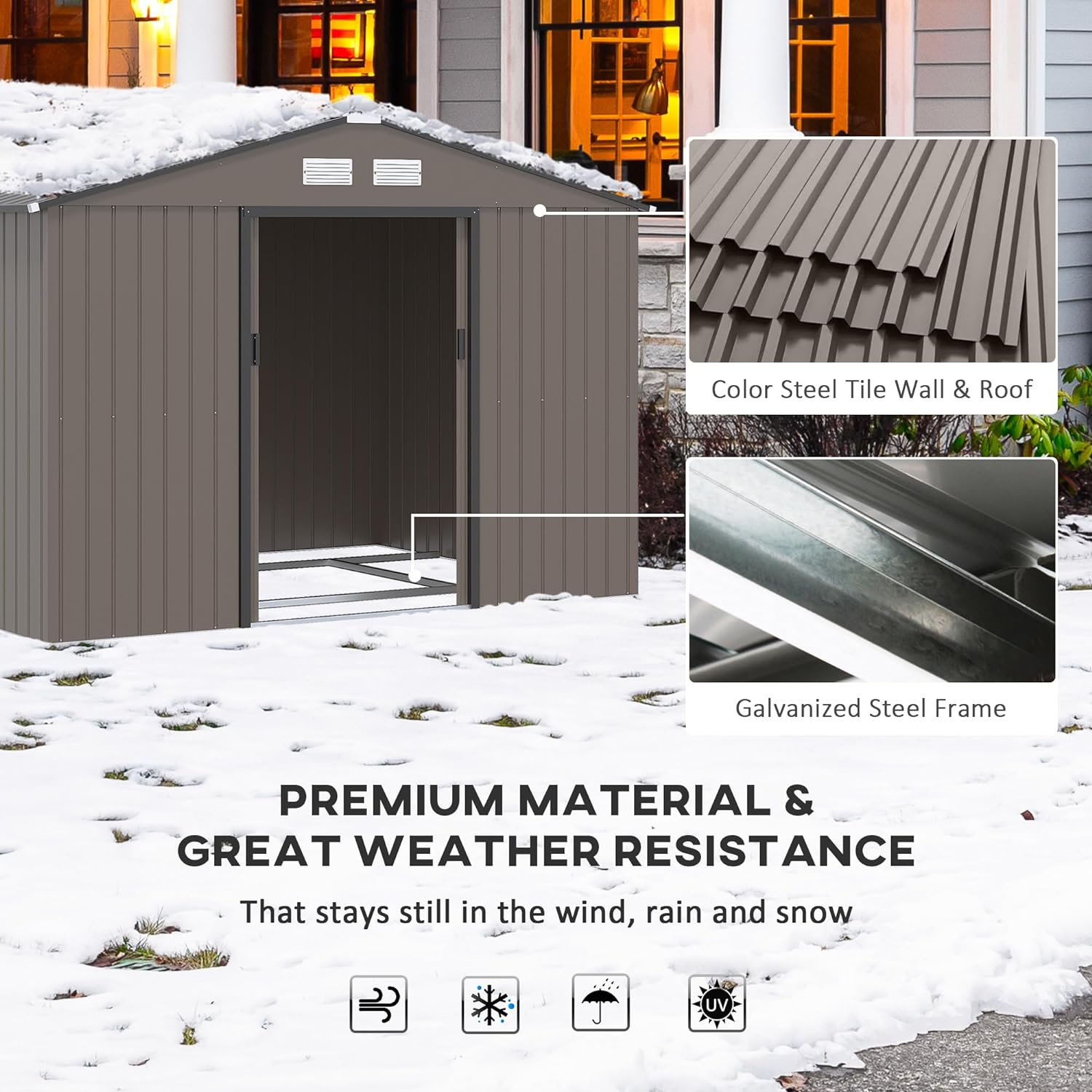 Outsunny 9 x 6ft Garden Metal Storage Shed, Outdoor Storage Tool House with Ventilation Slots, Floor Foundation and Lockable Double Doors