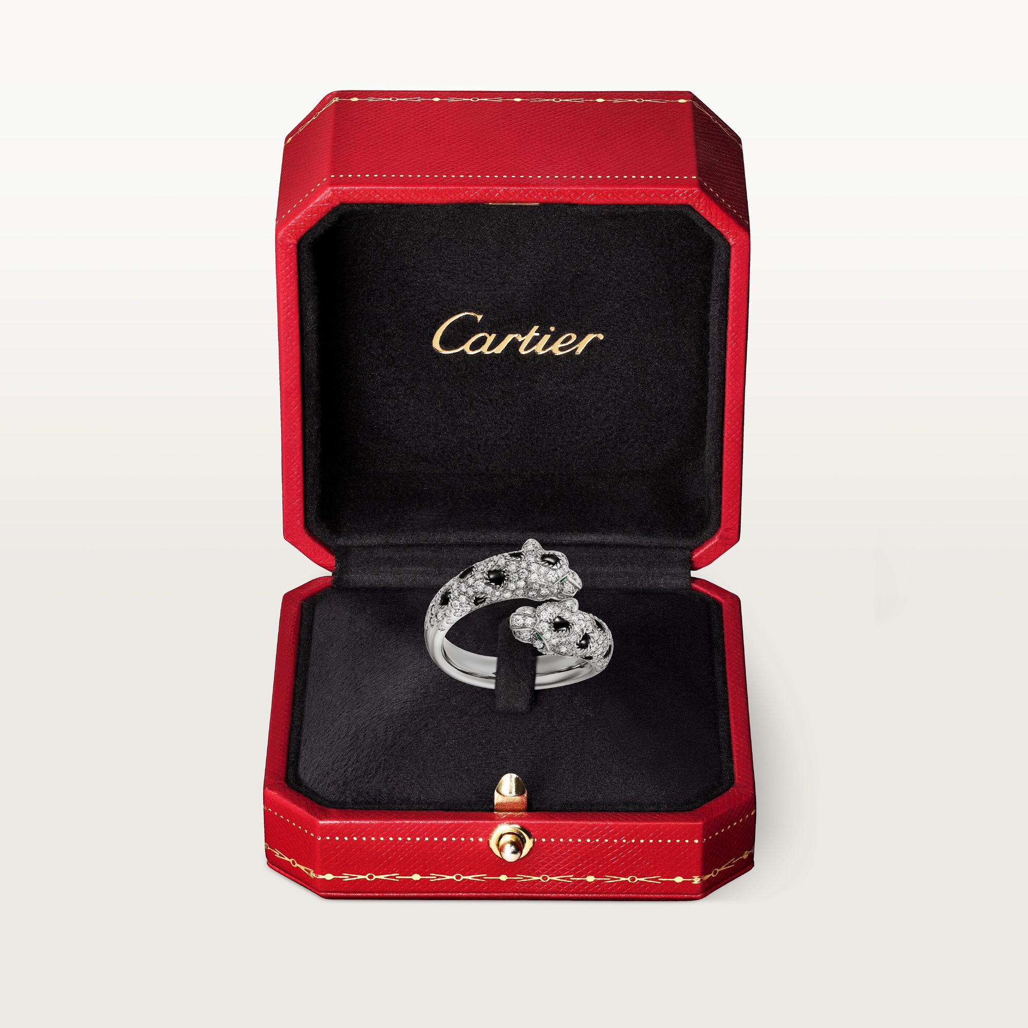 Carty Panther Motif Ring, White Gold, Double Head ,Semi-Paved