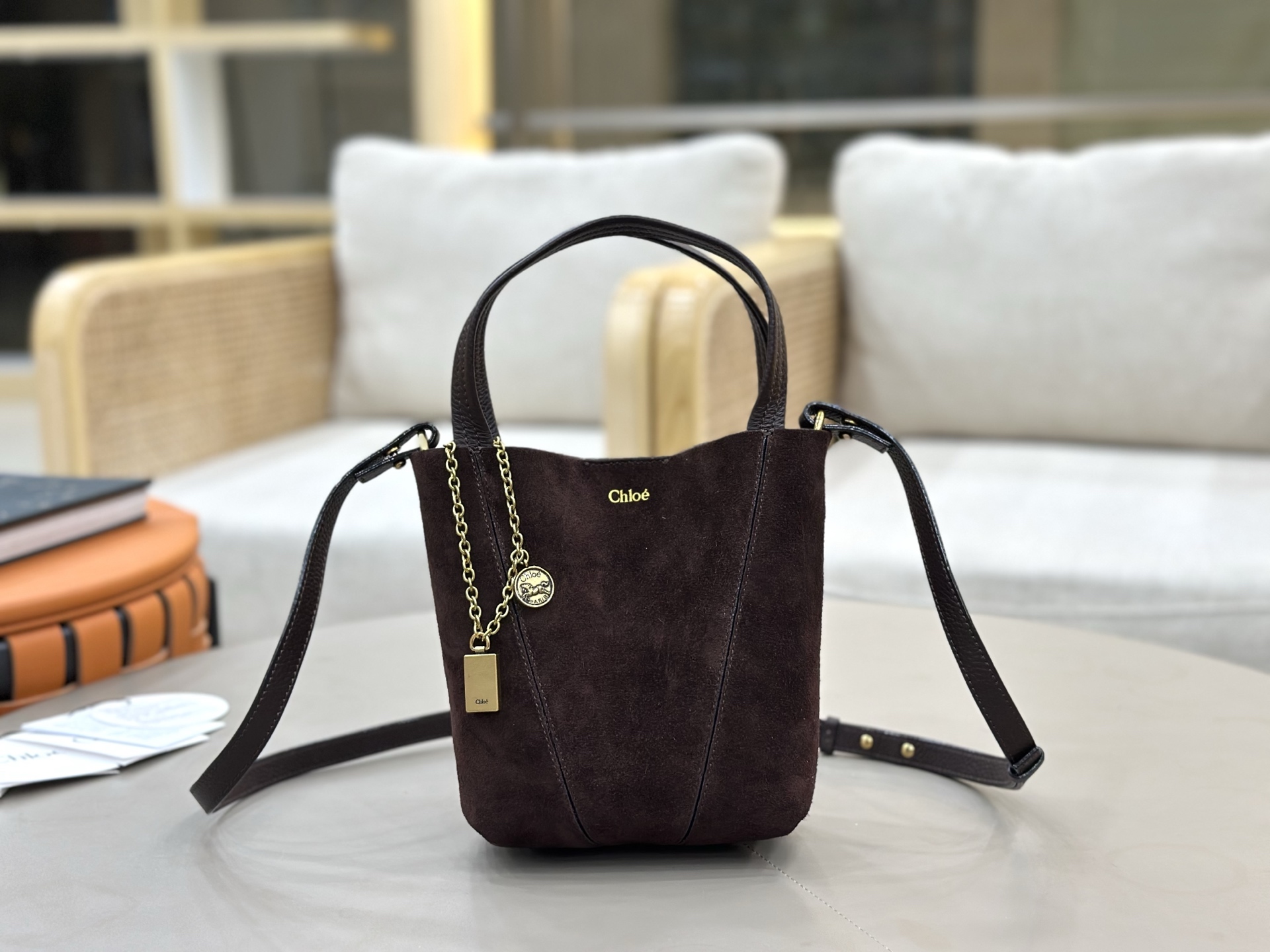 [TOP] Chloe Spin Bag Suede Leather 18*19*8 cm - Chocolate - 711 Luxury