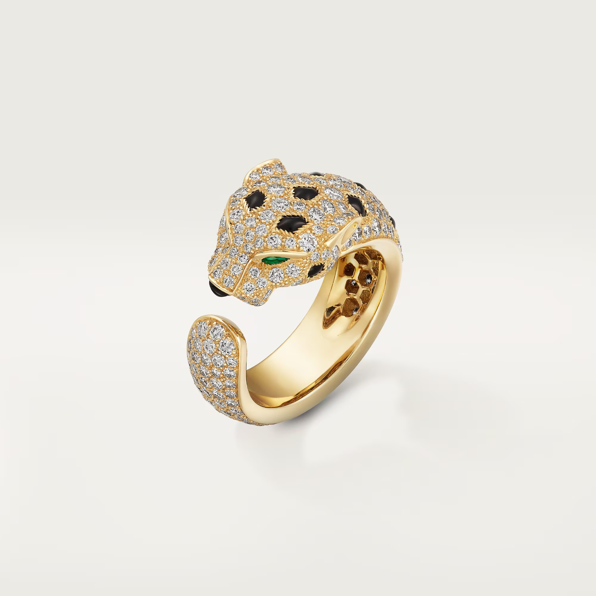 Carty Panther Motif Ring, Yellow Gold, Medium Model, Half-Paved