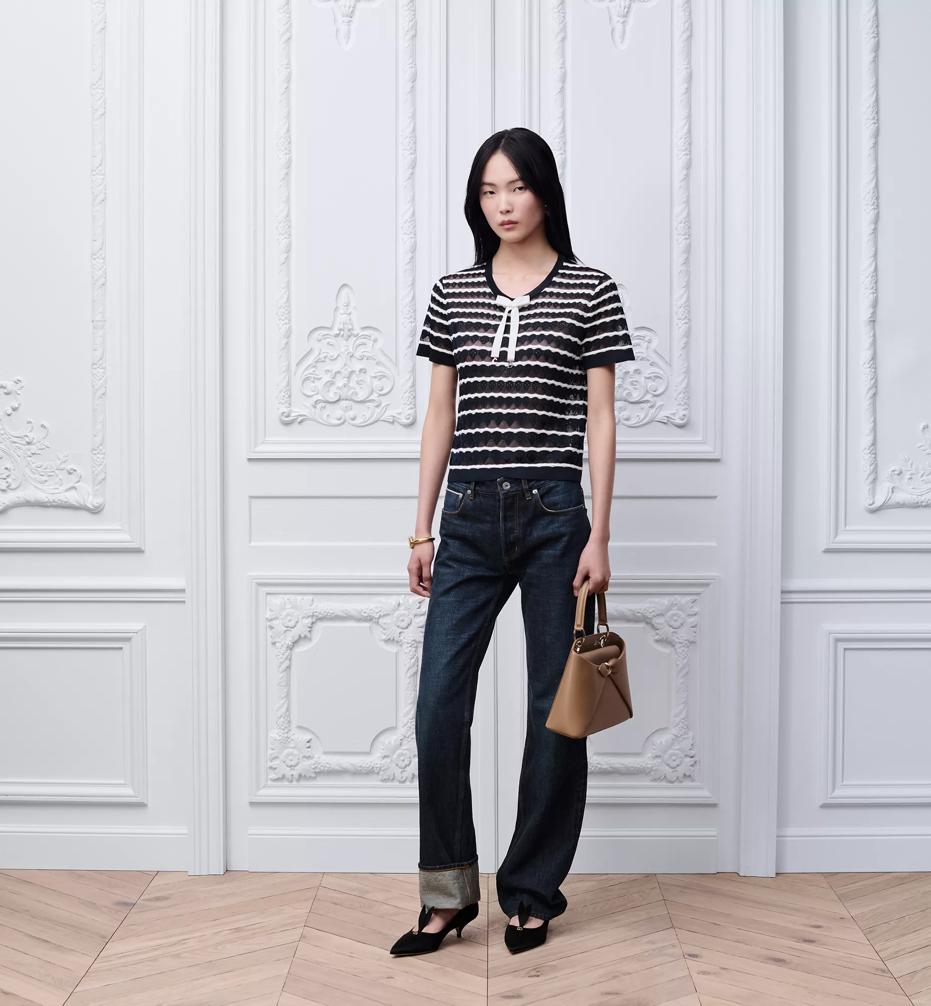 DIOR Top-quality Version Dior Marinière Short-Sleeved Sweater Navy Blue and White Wool-Blend Lace #397119