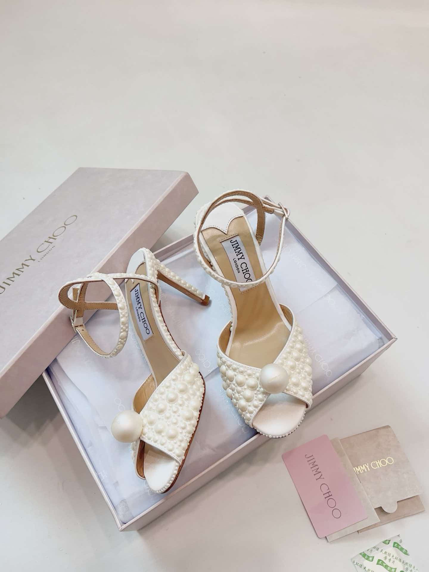 [TOP] Jimmy Choo 10cm Satin High Heel Sandals with All Over Pearls - White - 711 Luxury