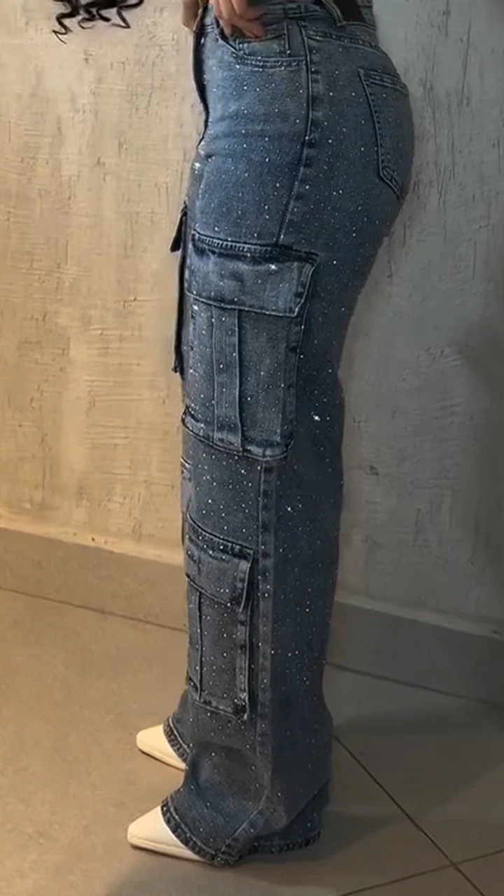 Women Hot Diamond Splicing Multi-pocket Casual Jeans