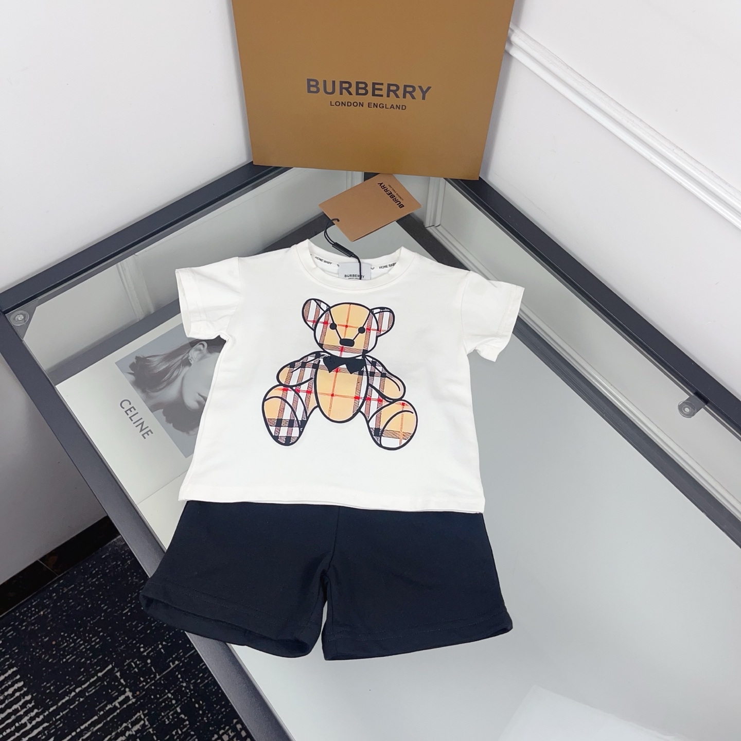 Burberry Unisex Kids White Plaid Teddy Bear Print Short Sleeve T-Shirt & Black Shorts Two Piece Set Boys Girls Casual Cute Outfit Sizes 90-140