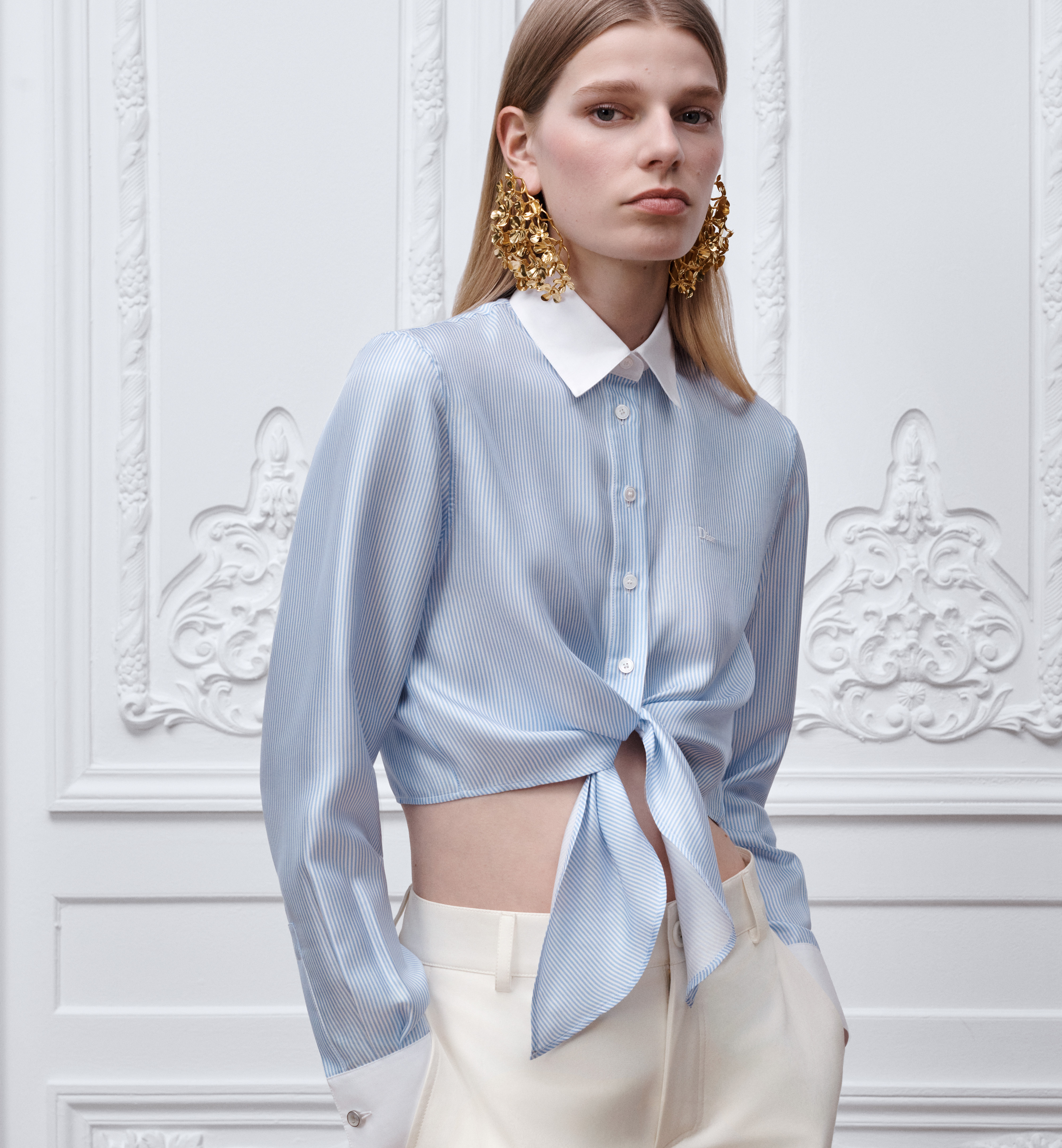 DIOR Dioriviera Tied Cropped Blouse Blue and White D-Stripes Silk Twill #385384