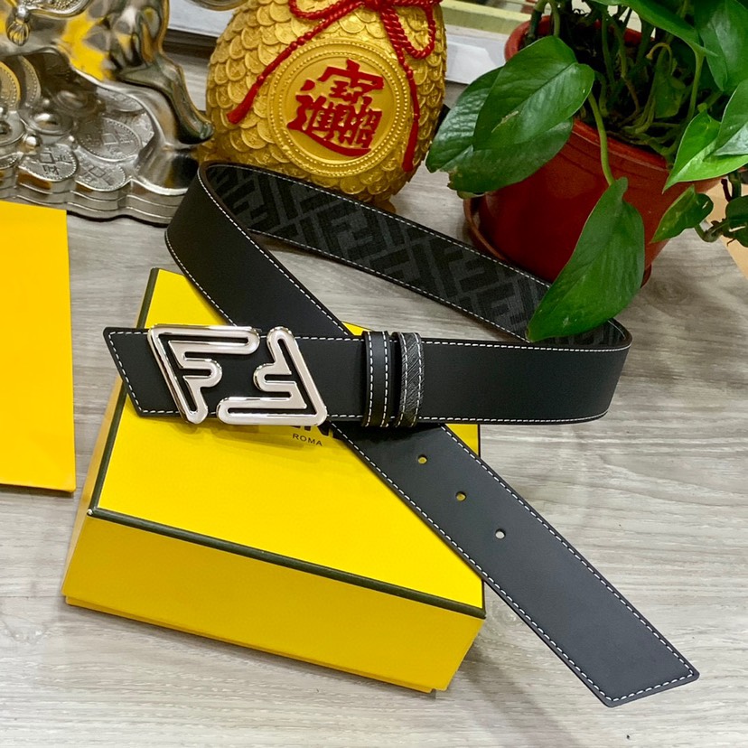 [TOP] FENDI Men's Belt Cowhide 4cm - Black and Gray - 711 Luxury