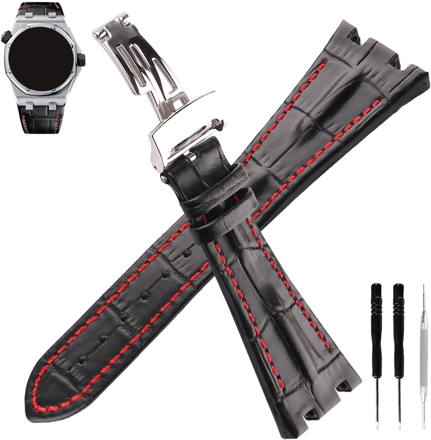 MMBAY Leather 28MM Watch Bands Compatible Fit for Audemars Piguet AP Royal Oak Offshore 15703 15710 15400 26470 26400 Strap Wirstband for Men and Women Waterproof Bracelet Watch accessories