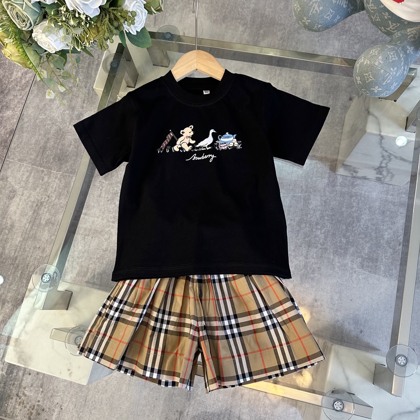 Burberry Unisex Kids Black Cartoon Tea Party Bear Short Sleeve T-Shirt & Vintage Check Skort 2 Piece Summer Matching Set Boys Girls Sizes 100-160