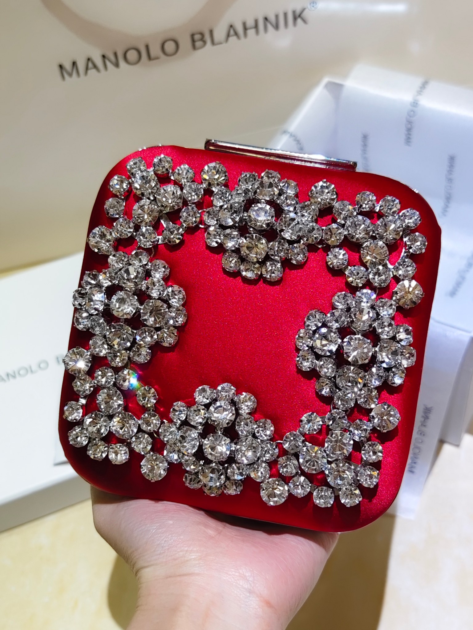 [TOP] MANOLO BLAHNIK Lace-patterned Square Bag 15.8*17*7.3cm - Red - 711 Luxury