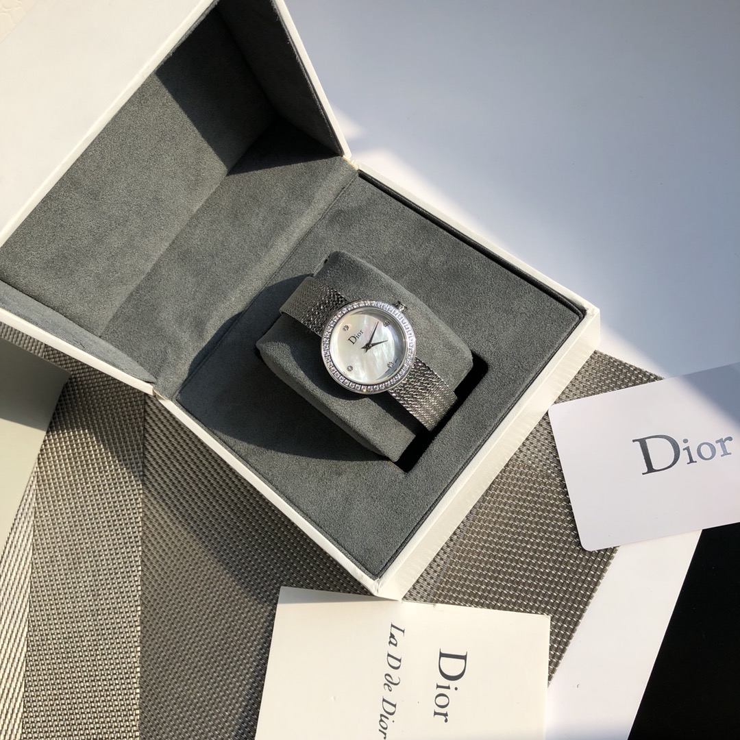 Dior white Clothing DIOR La D de Dior Satine Ø 28 MM Steel White Mother-Of-Pearl and Diamonds #389803 View 2 | Nigo Office