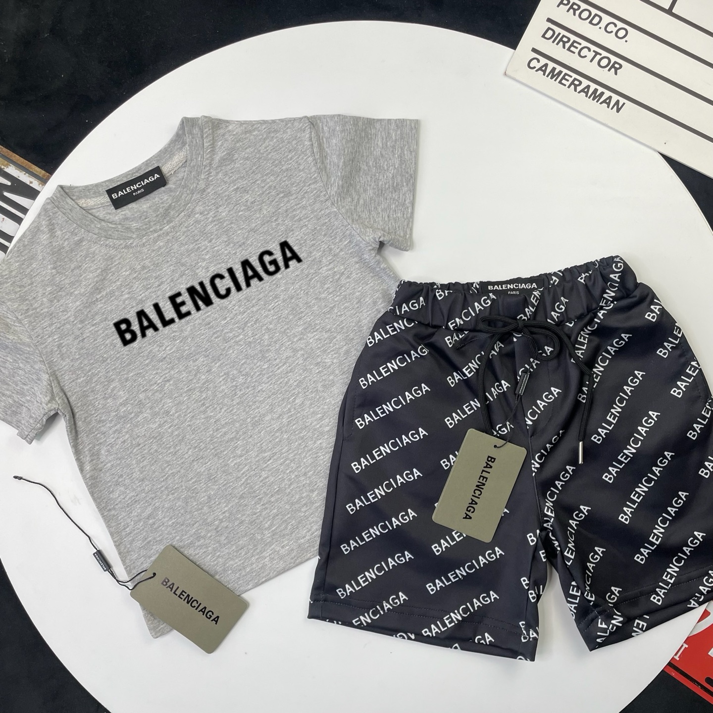 Balenciaga Unisex Kids Heather Gray Big Black Logo Short Sleeve T-Shirt & Black All Over Letter Print Casual Shorts 2 Piece Set Boys Girls Sizes 90-150
