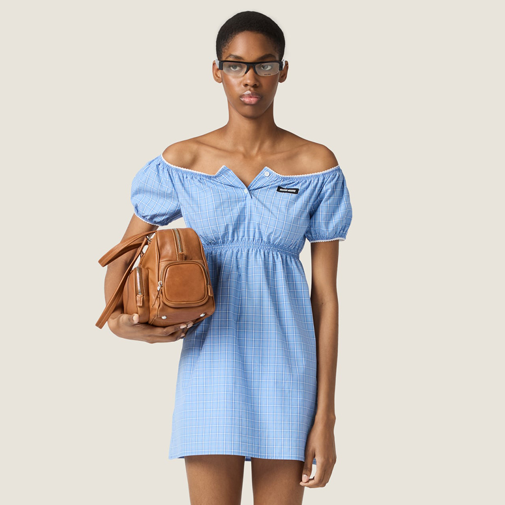 MiuMiu Light Blue Checked Poplin Mini-dress #383262