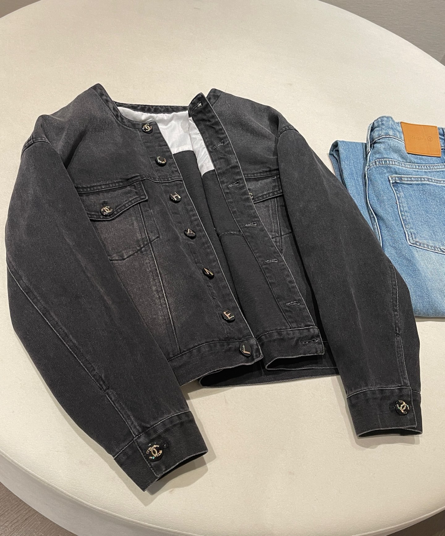 Chanel black Clothing Chanel Letter Button Black Denim Jacket #394744 View 2 | Nigo Office