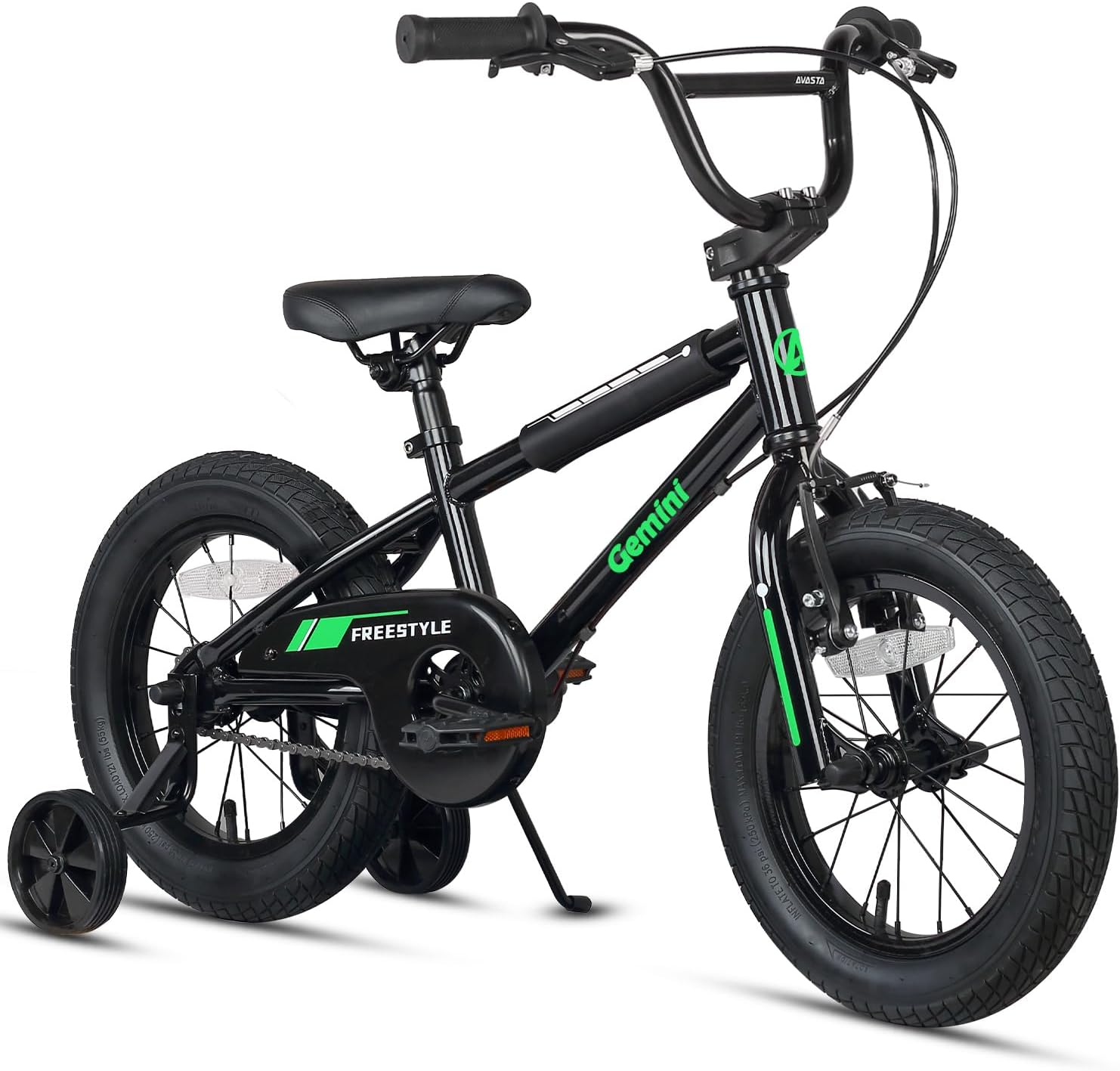 Green and black 16-inch kids bicycle with training wheels, freestyle design, and black rims.