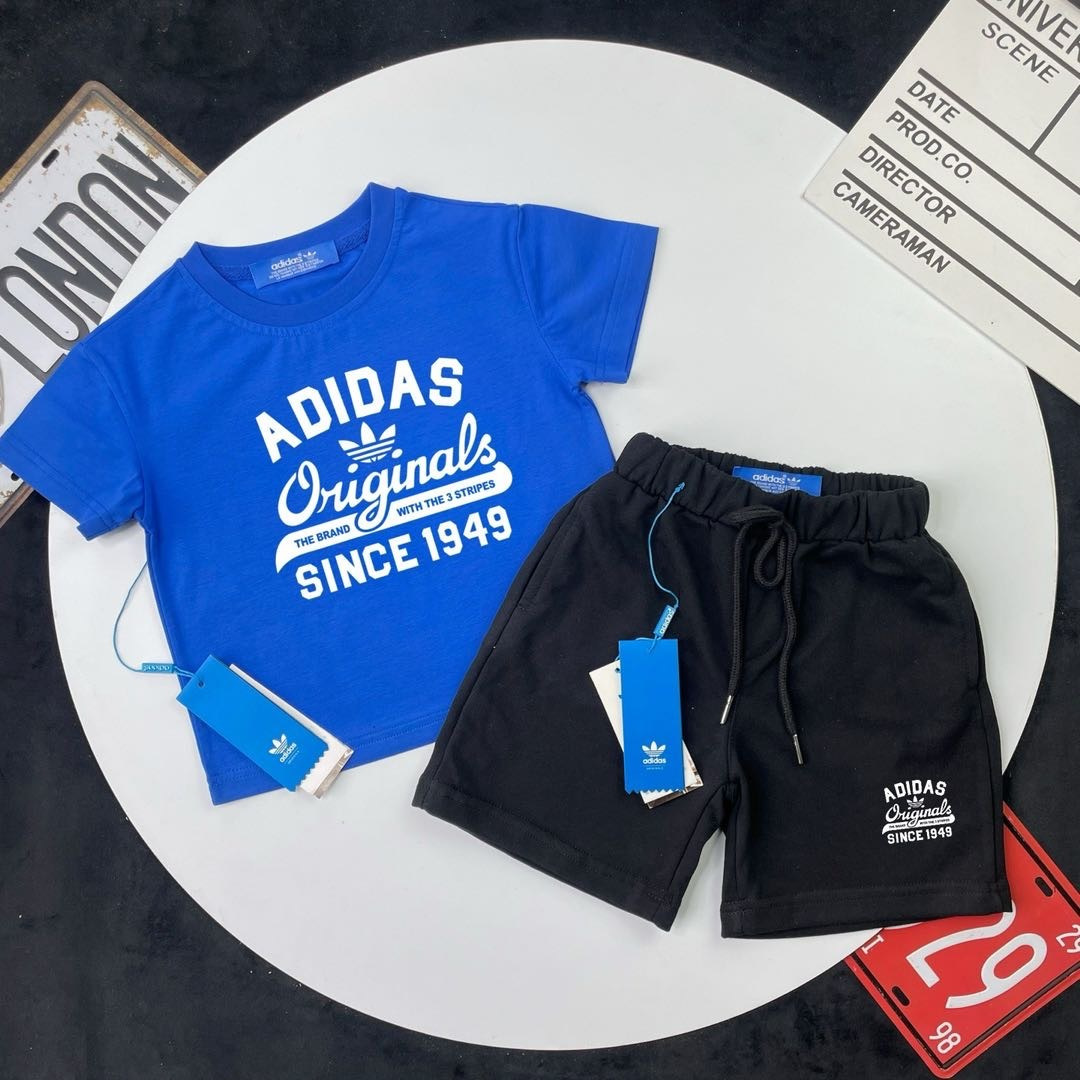 Adidas Kids 2Pcs Vintage Letter Print Tee & French Terry Sweat Shorts Outfit For Boys Girls Full Original Tags Sizes 90-150