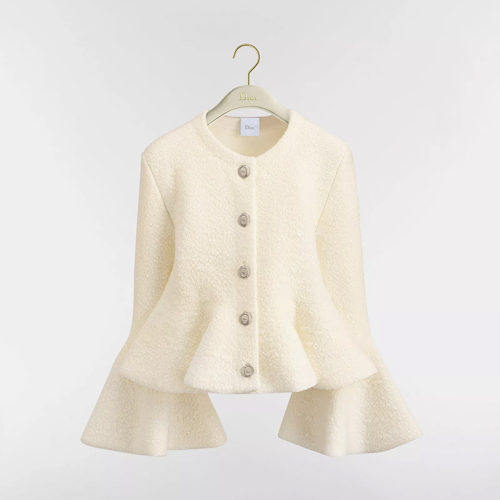 Dior silver Clothing DIOR Peplum Jacket Ecru Virgin Wool-Blend Knit Embroidered with Silver-Tone Sequins #378470 | Nigo Offic
