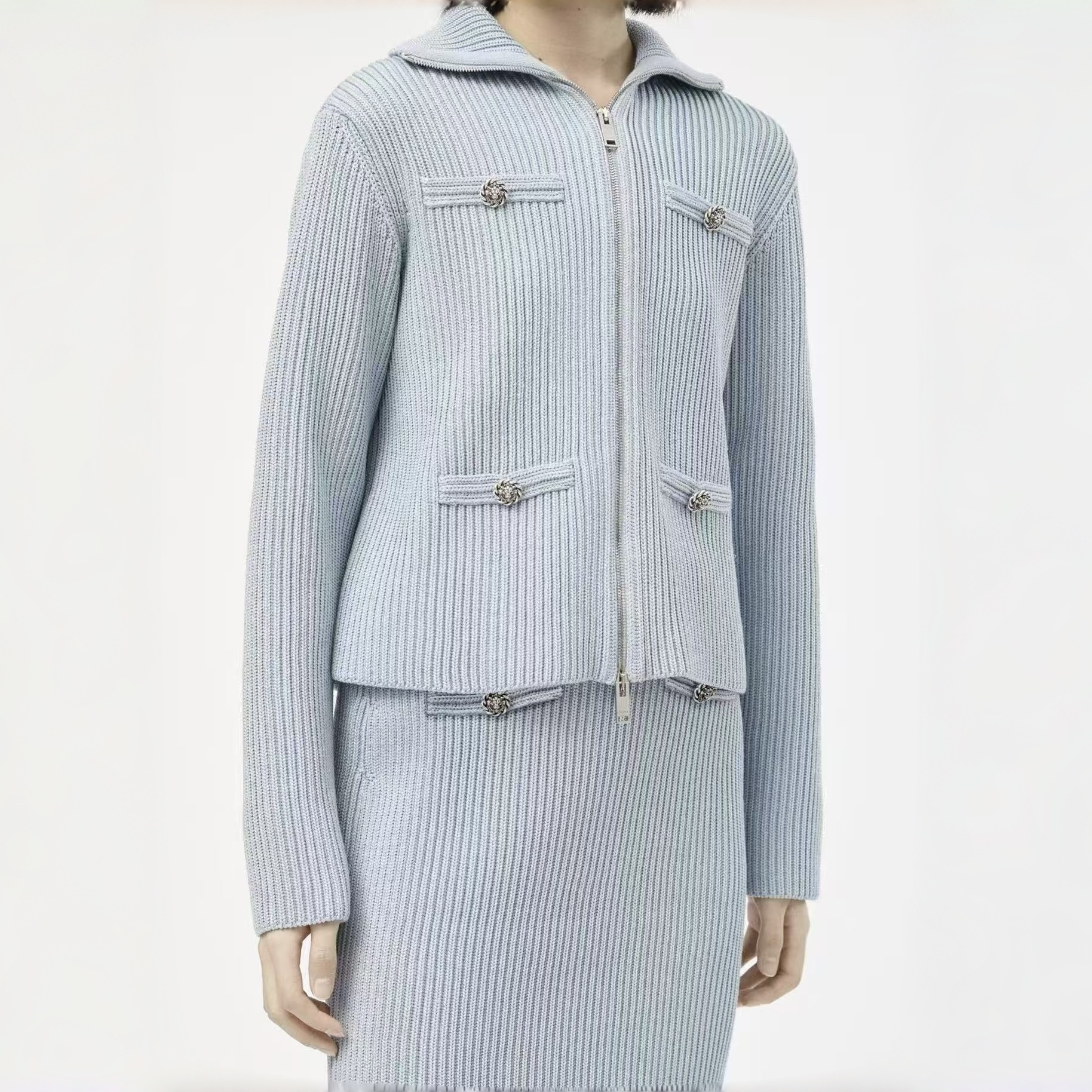 Chanel blue Clothing Chanel Zipper Knitted Jacket Skirt Light Blue #378463 | Nigo Office