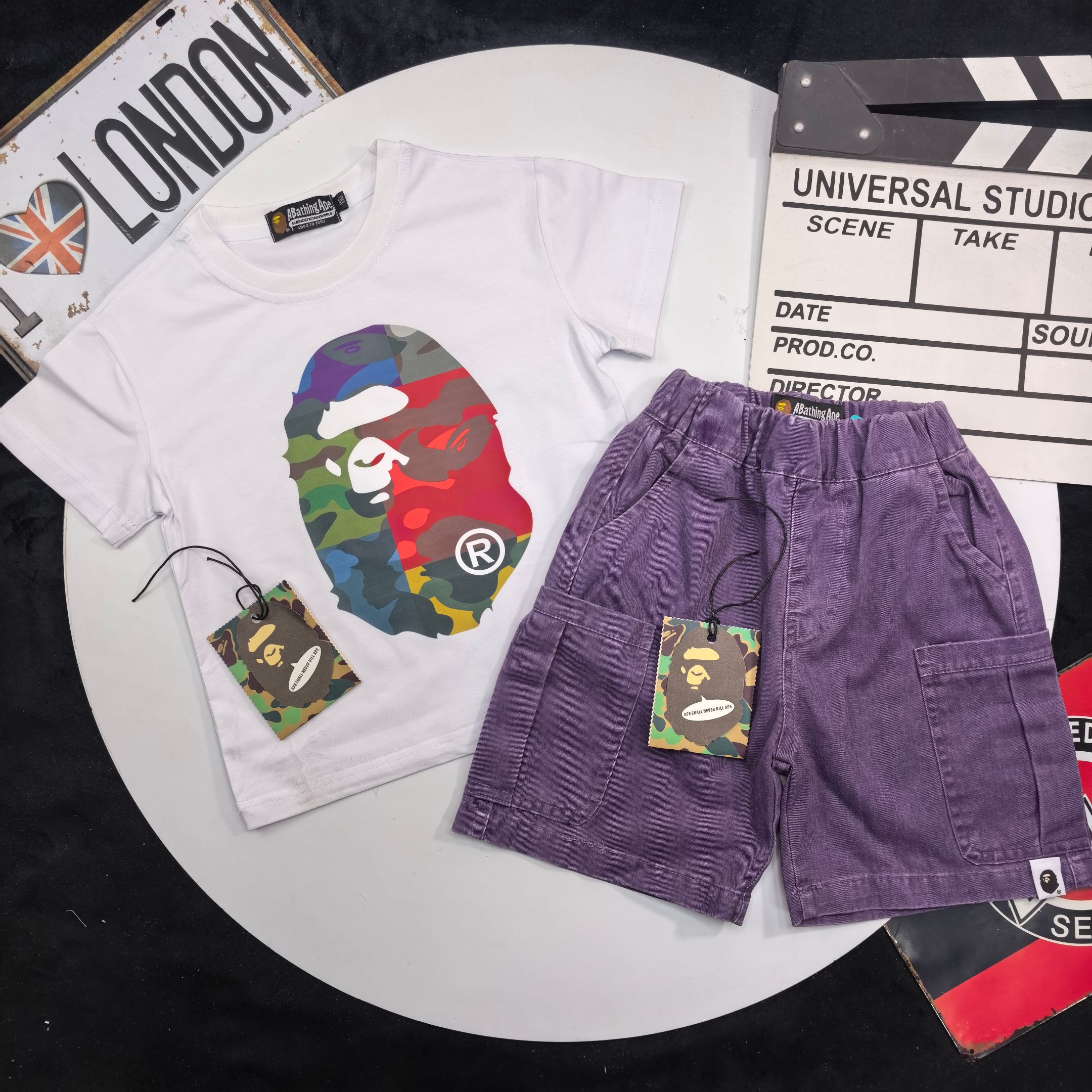 Bape Unisex Kids White Multicolor Camo Ape Head Print Short Sleeve T-Shirt & Purple Washed Cargo Denim Shorts Set Boys Girls Sizes 90-150