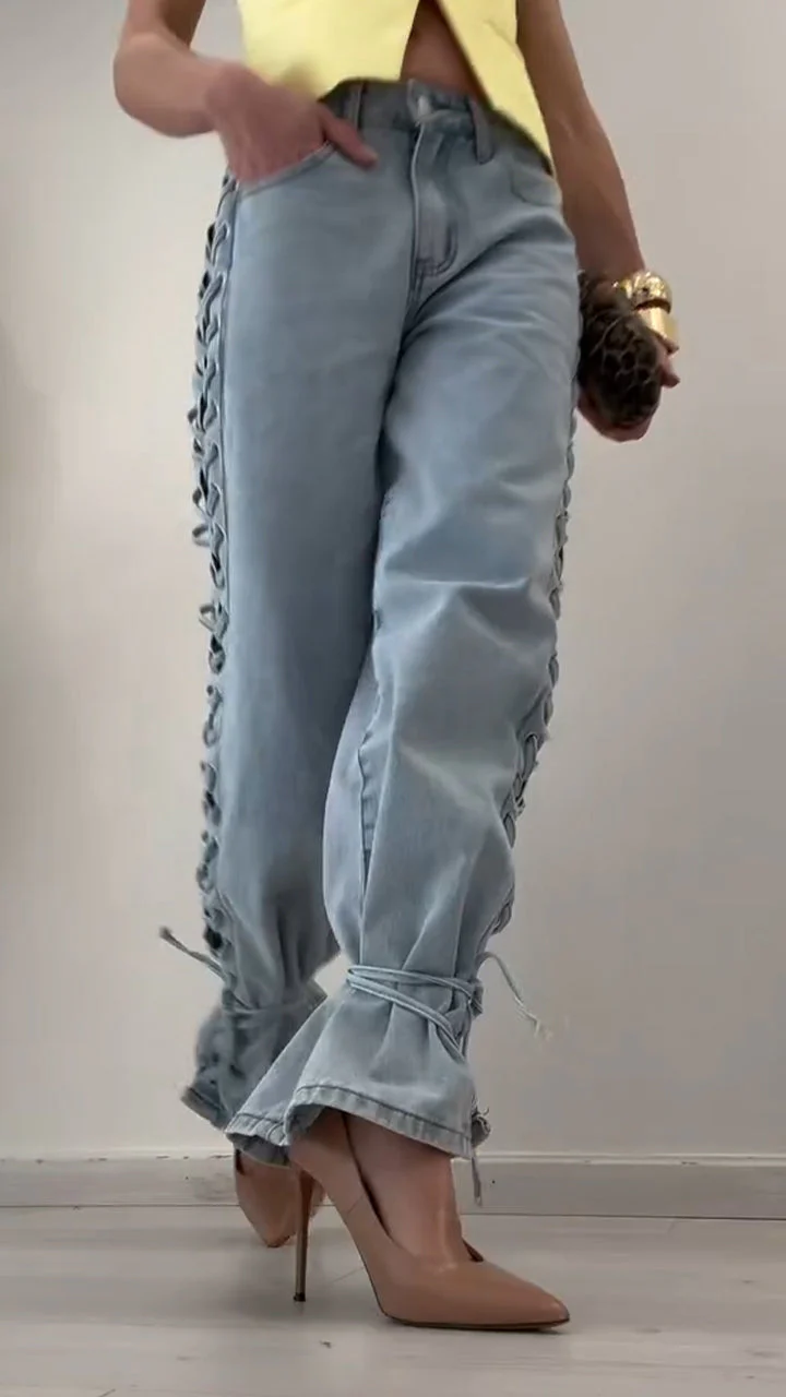 Ladies Side Cross Tie Casual Jeans