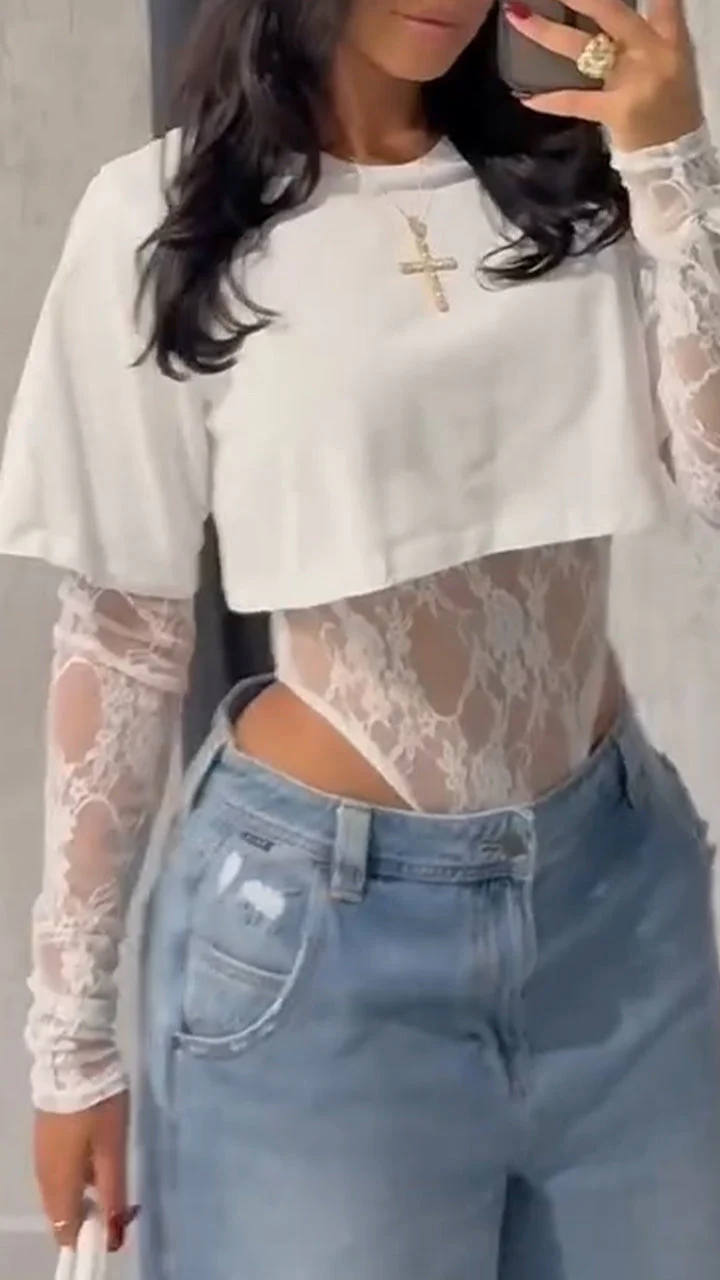 Women's Round Neck Solid Color Short T-shirt + Lace Jumpsuit Two-piece Set