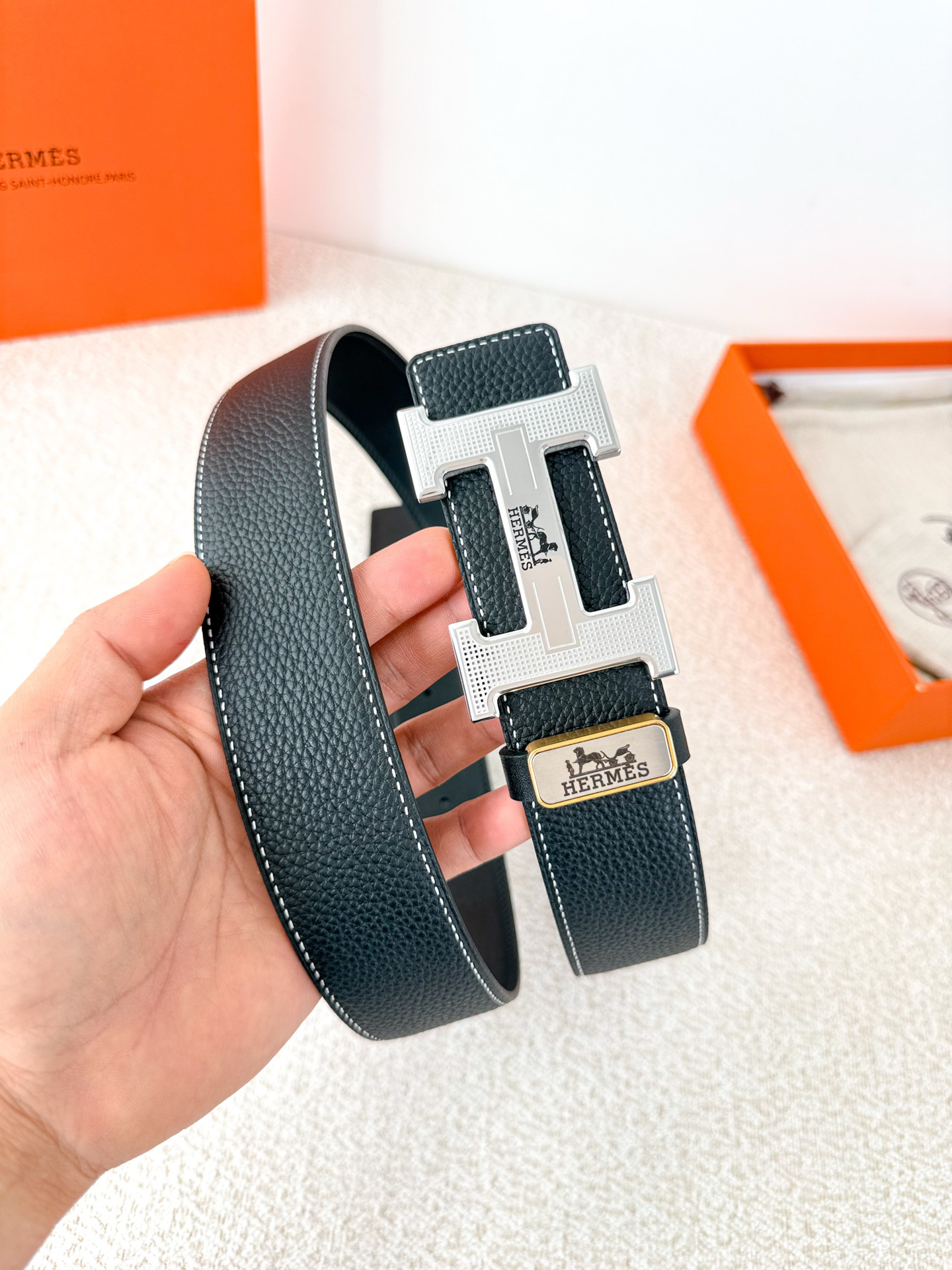 [TOP] HERMES Men's Buckle Logo Belt 3.8cm - Black - 711 Luxury